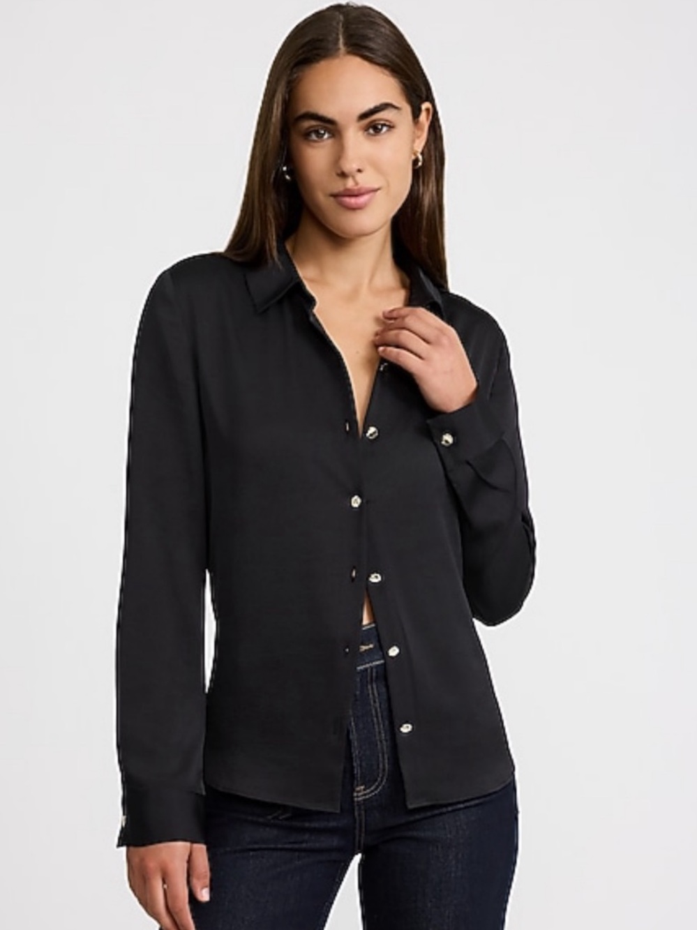 Express Satin Novelty Button Front Portofino Shirt in Black